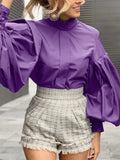 Long Lantern Sleeve Solid Purple Blouse