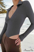 Long Sleeve Bodycon Rompers With Polo Neck