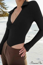 Long Sleeve Bodycon Rompers With Polo Neck