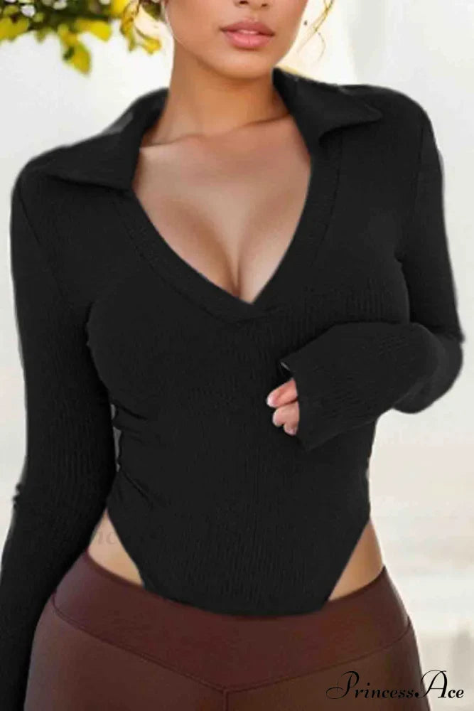 Long Sleeve Bodycon Rompers With Polo Neck