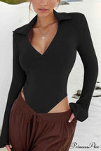 Long Sleeve Bodycon Rompers With Polo Neck