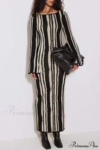 Long Sleeve Knitted Dress With Contrast Color