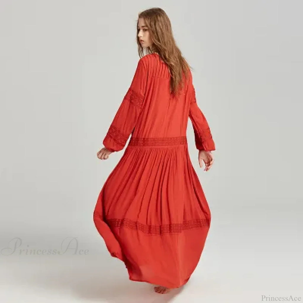 Long Sleeve Maxi Dress Red Floral Embroidery Tassel Boho