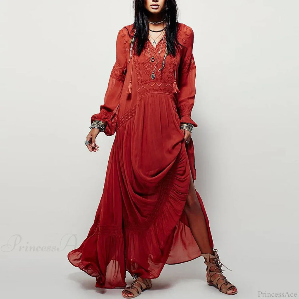 Long Sleeve Maxi Dress Red Floral Embroidery Tassel Boho