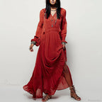 Long Sleeve Maxi Dress Red Floral Embroidery Tassel Boho