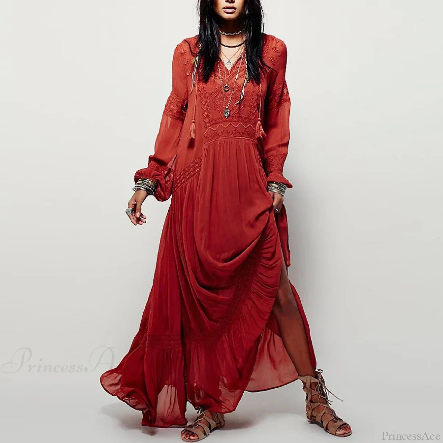 Long Sleeve Maxi Dress Red Floral Embroidery Tassel Boho