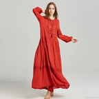 Long Sleeve Maxi Dress Red Floral Embroidery Tassel Boho