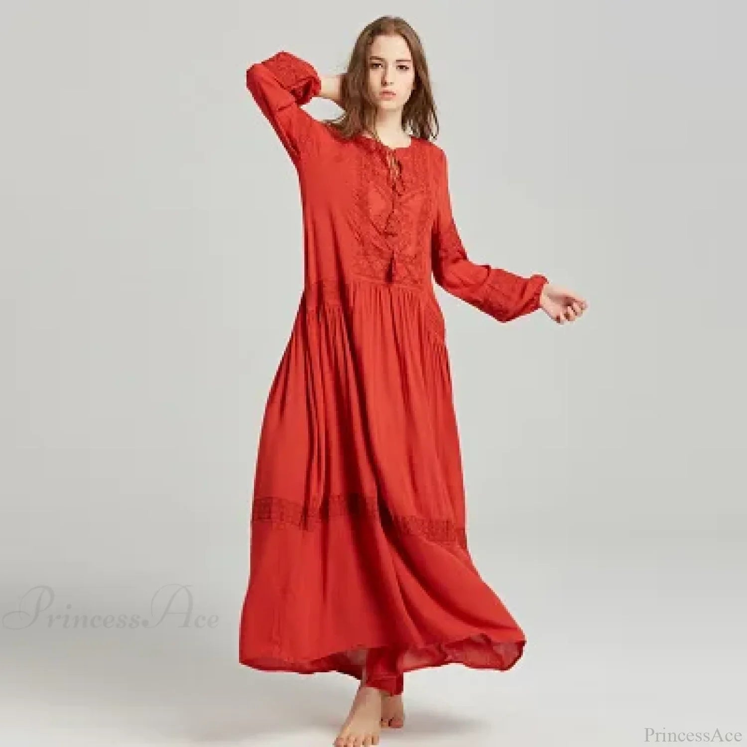 Long Sleeve Maxi Dress Red Floral Embroidery Tassel Boho