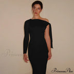 Long Sleeve One Shoulder Graceful Tie Up Bodycon Maxi Dress