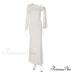 Long Sleeve One Shoulder Graceful Tie Up Bodycon Maxi Dress