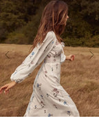 Long-Sleeved Stretch Waist Split White Boho Dress