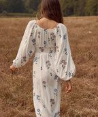 Long-Sleeved Stretch Waist Split White Boho Dress