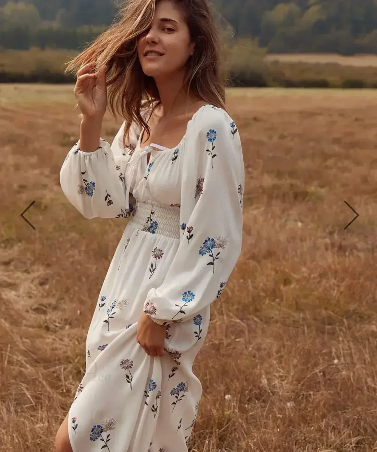 Long-Sleeved Stretch Waist Split White Boho Dress