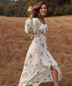 Long-Sleeved Stretch Waist Split White Boho Dress