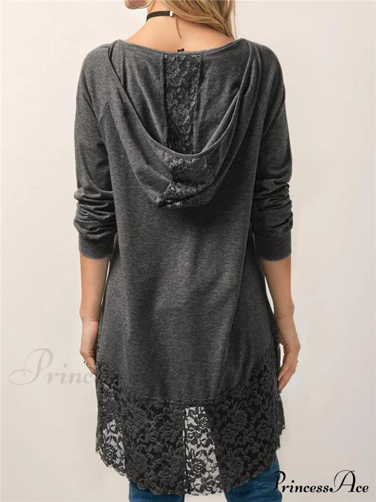 Long With Women Lace Patchwork Arm T-Shirt Hood