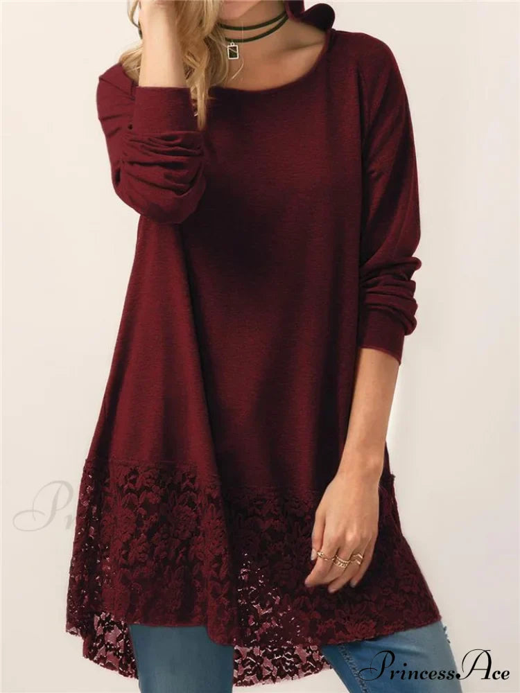 Long With Women Lace Patchwork Arm T-Shirt Hood
