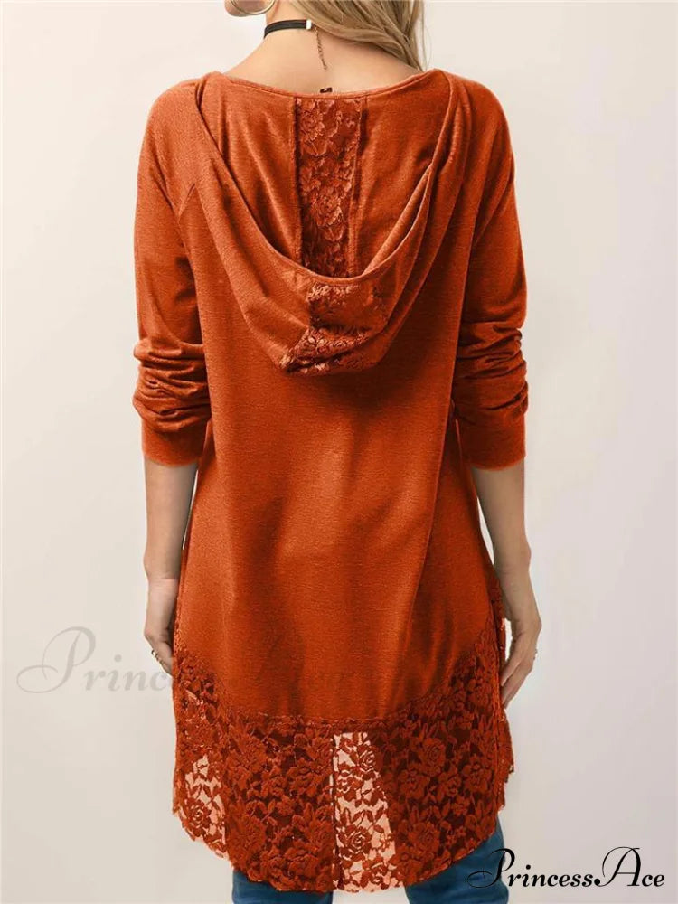 Long With Women Lace Patchwork Arm T-Shirt Hood