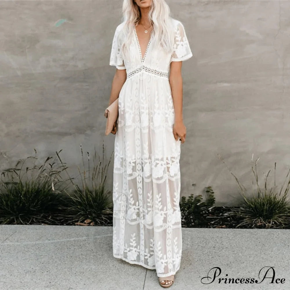 Loose Embroidery White Lace Long Tunic Beach Dress
