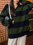 Loose Knit V-Neck Vintage Pullover Sweater