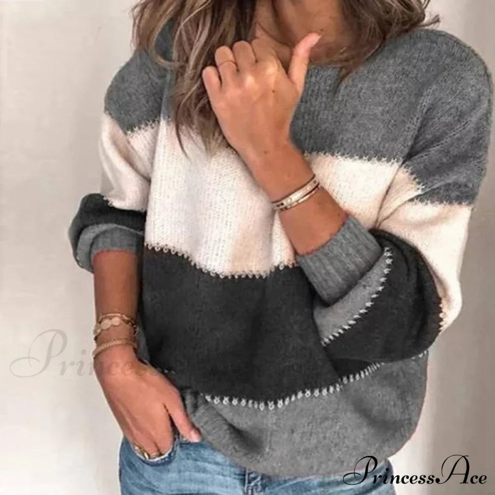 Loose Knitted Patchwork Striped Tops For Pullovers Women
