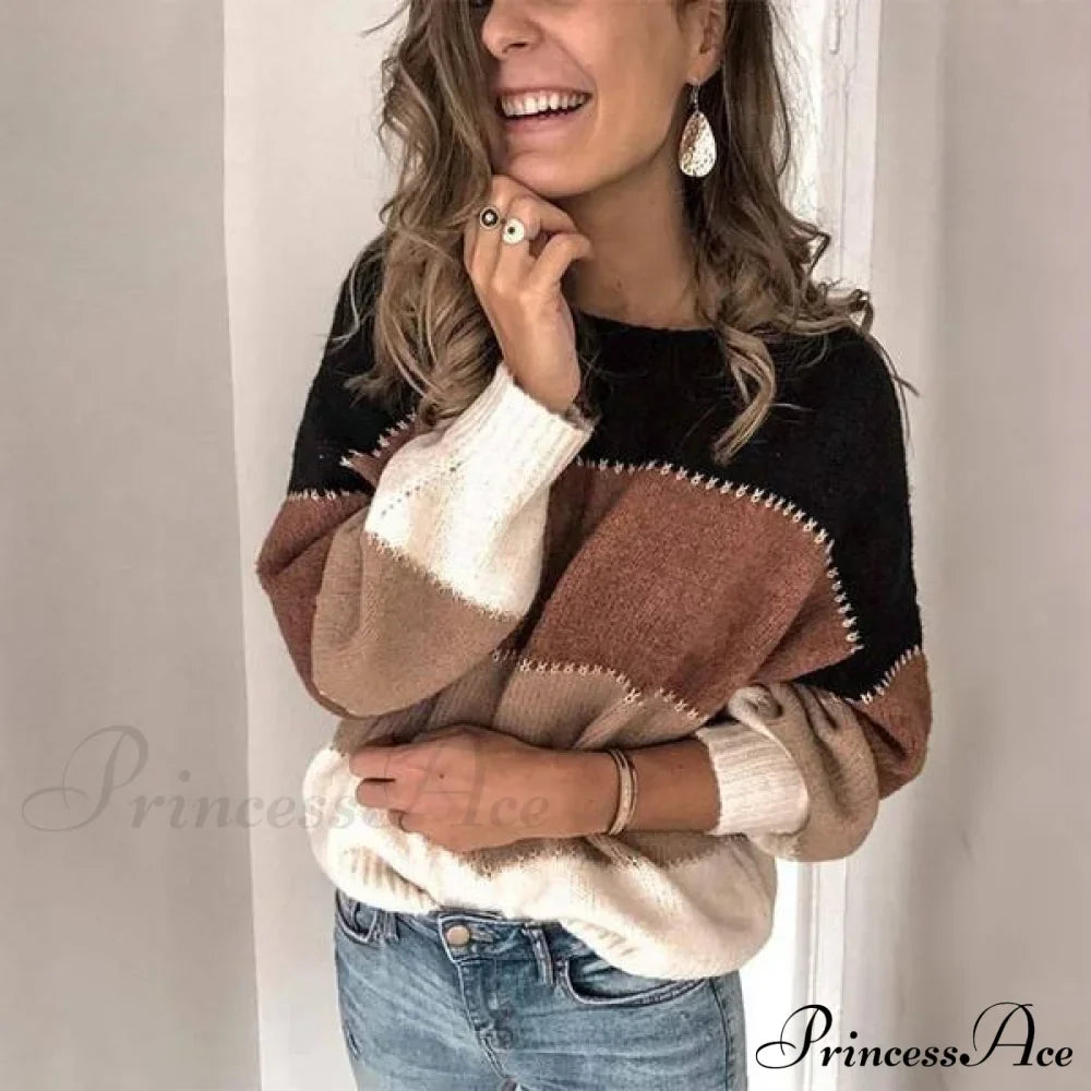 Loose Knitted Patchwork Striped Tops For Pullovers Women