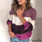 Loose Knitted Patchwork Striped Tops For Pullovers Women