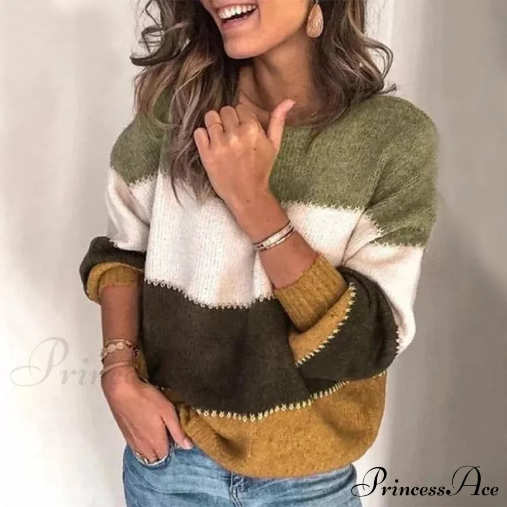 Loose Knitted Patchwork Striped Tops For Pullovers Women
