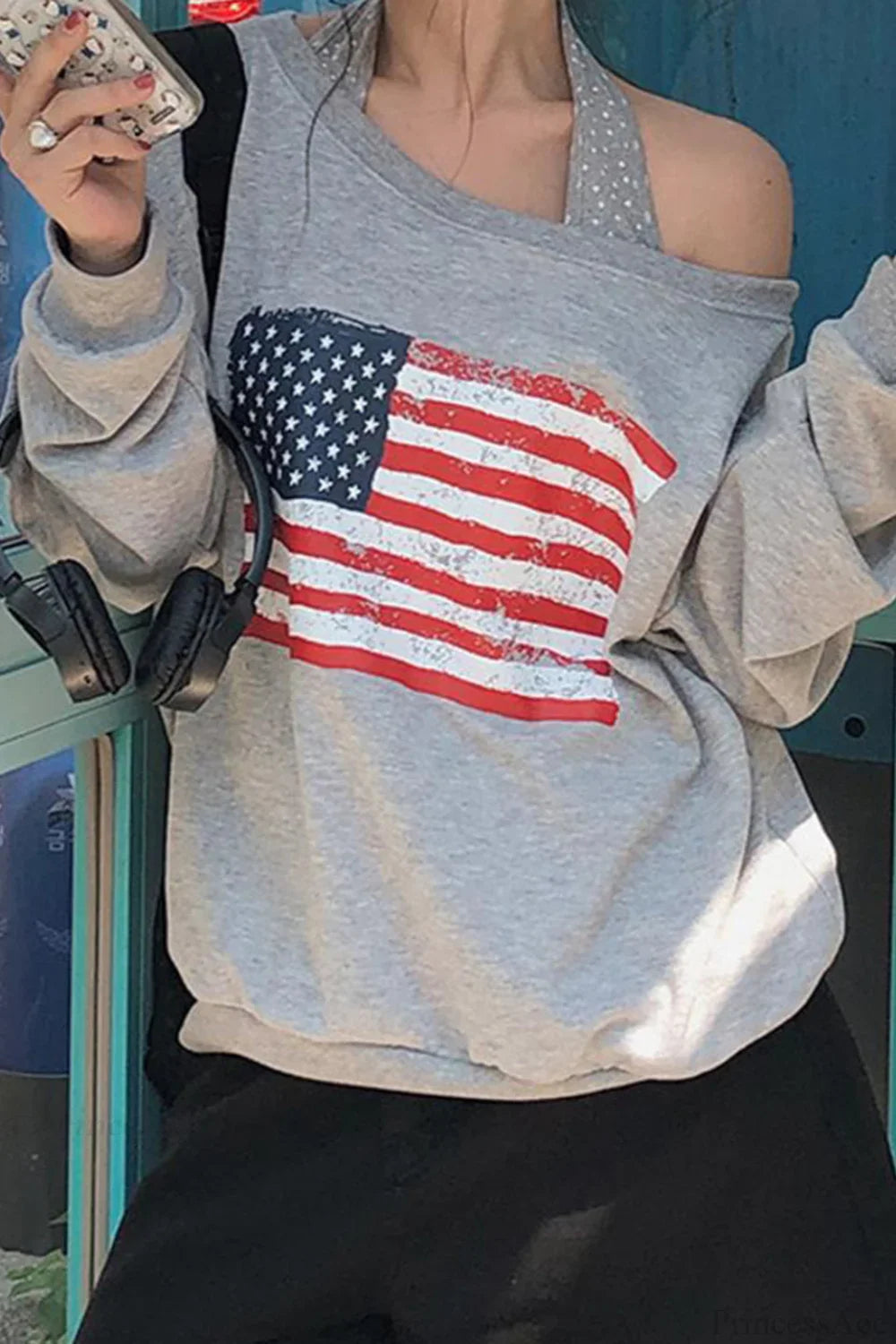 Loose Striped Print Halter Off Shoulder Fake Two Piece Sweatshirt