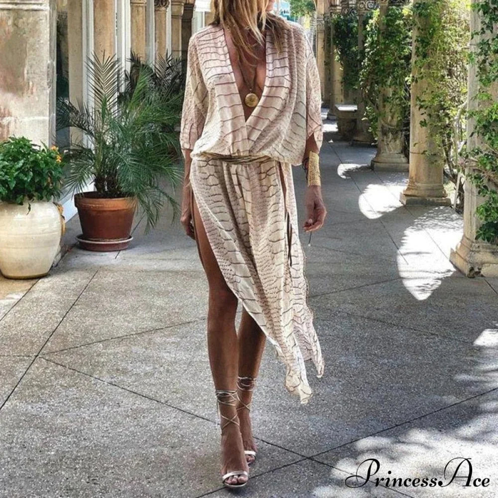Loose Striped Maxi Dress With Veil Design
