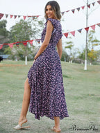 Lotus V-Neck Warm-Season Gown Coastal Low Sleeves Flowered High Straps Tank Foliage Dress