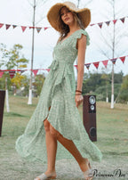 Lotus V-Neck Warm-Season Gown Coastal Low Sleeves Flowered High Straps Tank Foliage Dress