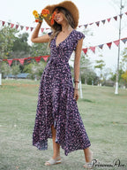 Lotus V-Neck Warm-Season Gown Coastal Low Sleeves Flowered High Straps Tank Foliage Dress