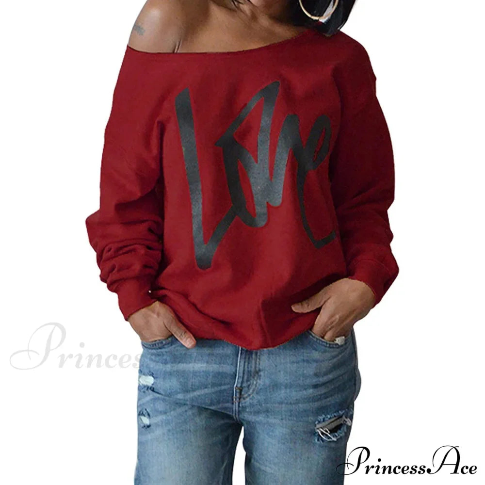 Love Tops Pullover For Patterned Off Slouchy Shoulder Sweatshirt Letter Women