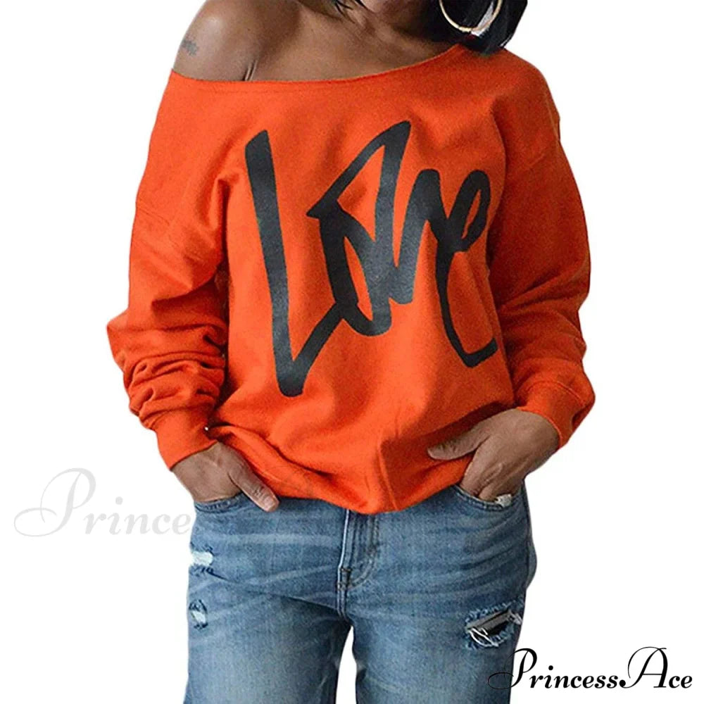 Love Tops Pullover For Patterned Off Slouchy Shoulder Sweatshirt Letter Women