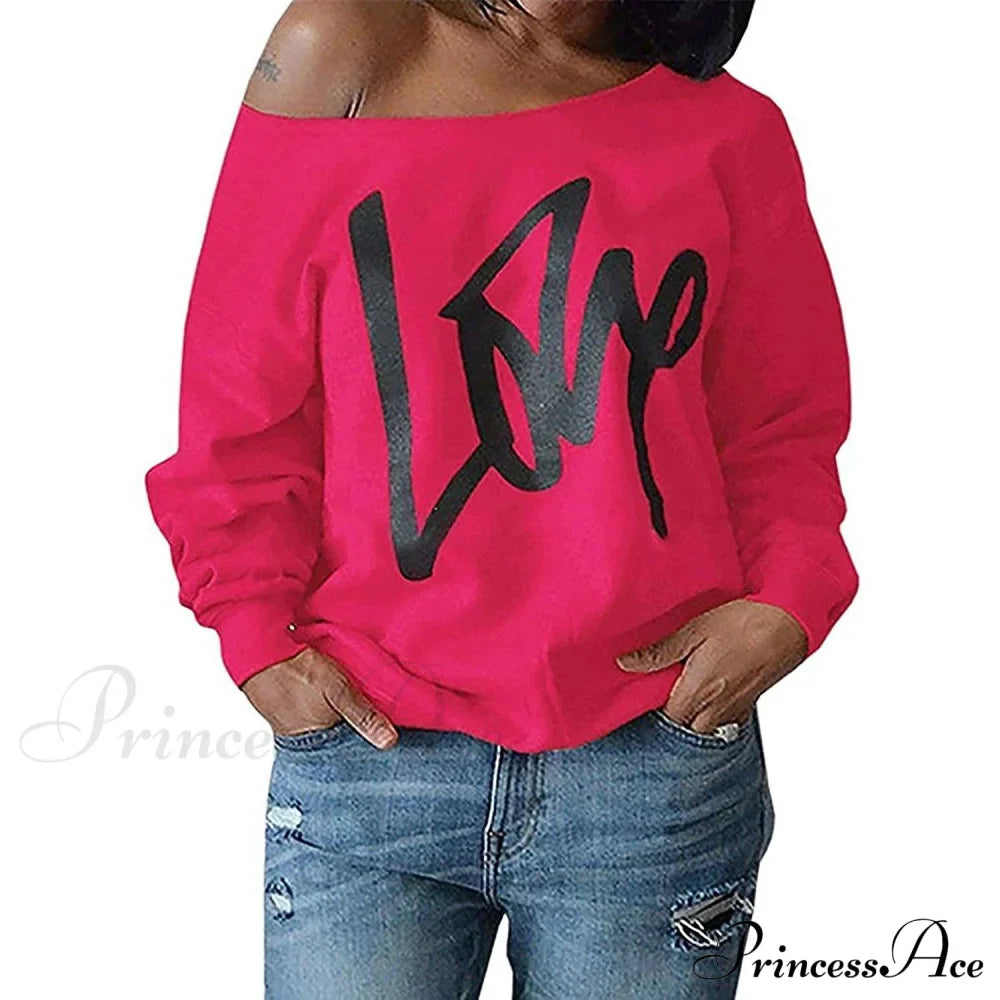 Love Tops Pullover For Patterned Off Slouchy Shoulder Sweatshirt Letter Women