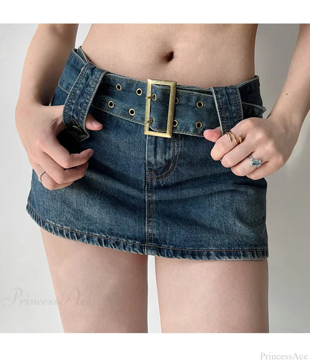Low-Rise Distressed Blue Denim Skirt