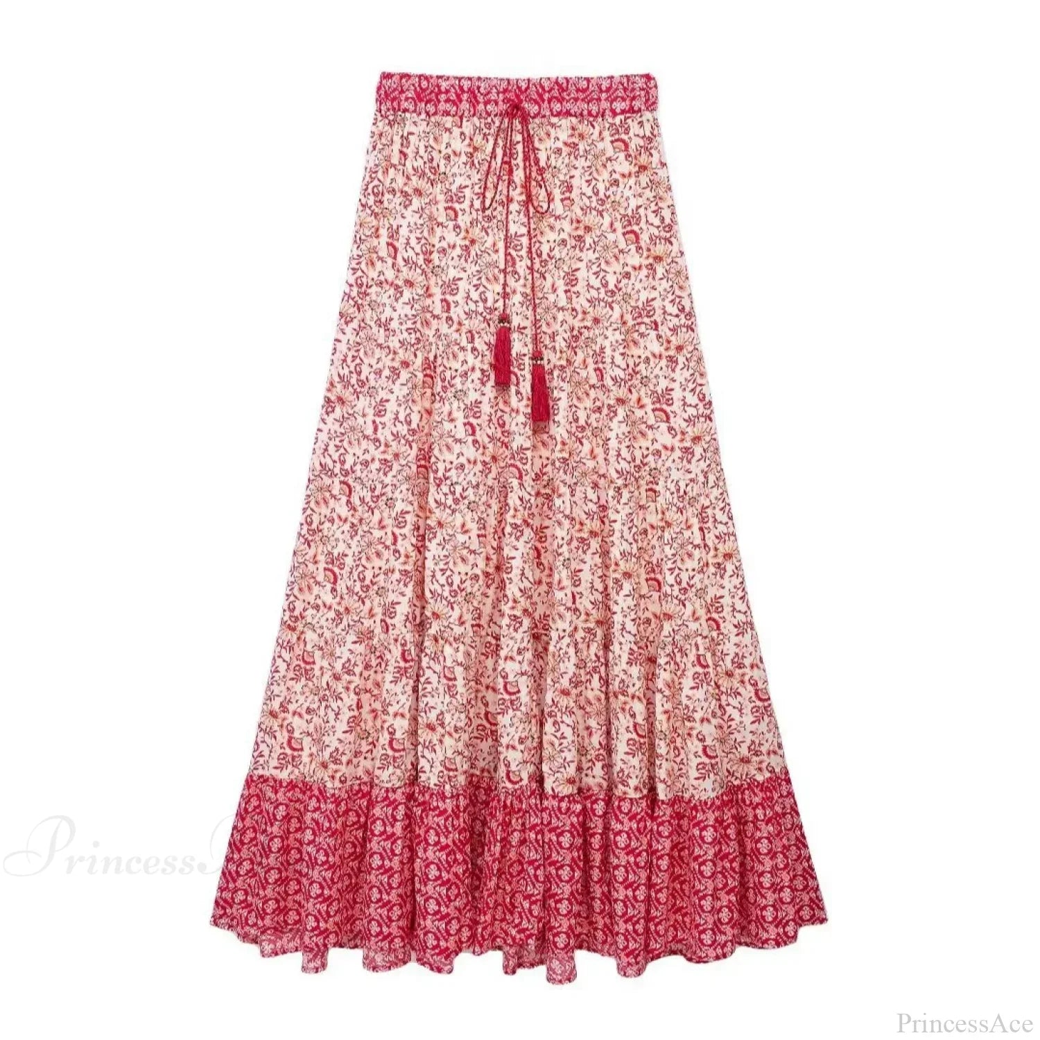 Low Waist A-Line Beach Skirt Floral Red Maxi Ruffled Holiday