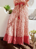 Low Waist A-Line Beach Skirt Floral Red Maxi Ruffled Holiday