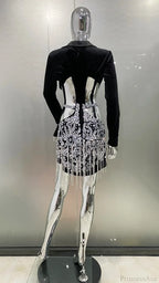 Luxury Diamonds Tassel Hollow Notched Black Mini Dress Evening Party