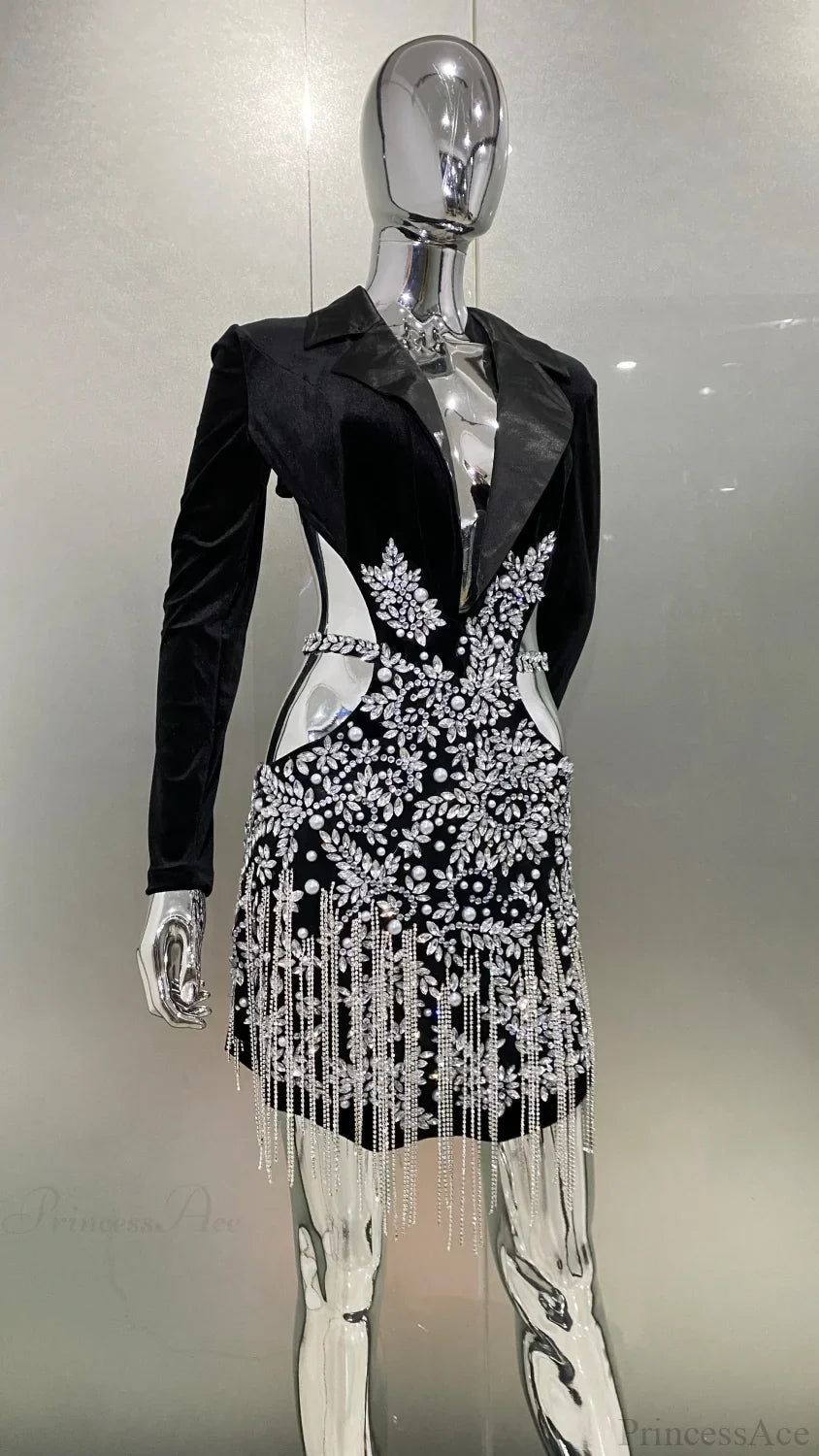 Luxury Diamonds Tassel Hollow Notched Black Mini Dress Evening Party