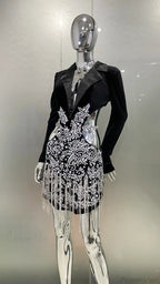 Luxury Diamonds Tassel Hollow Notched Black Mini Dress Evening Party