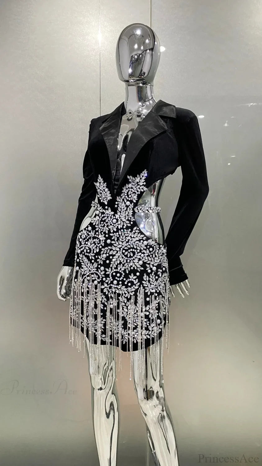 Luxury Diamonds Tassel Hollow Notched Black Mini Dress Evening Party