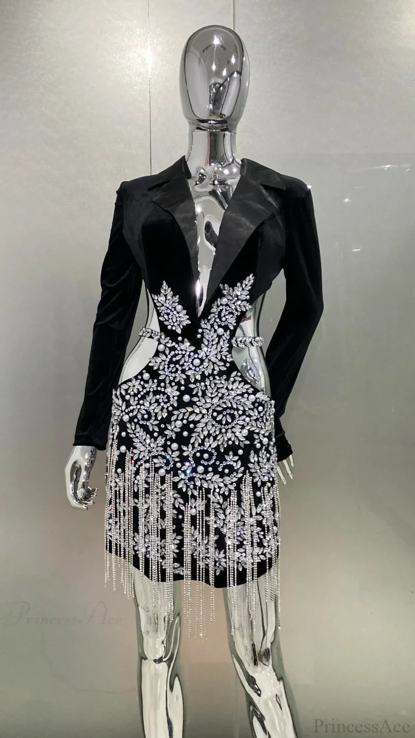 Luxury Diamonds Tassel Hollow Notched Black Mini Dress Evening Party
