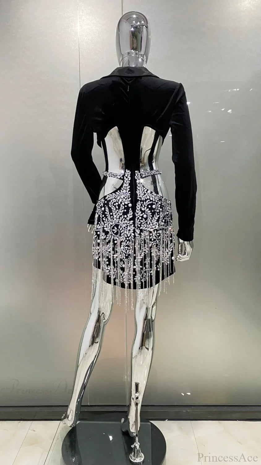 Luxury Diamonds Tassel Hollow Notched Black Mini Dress Evening Party