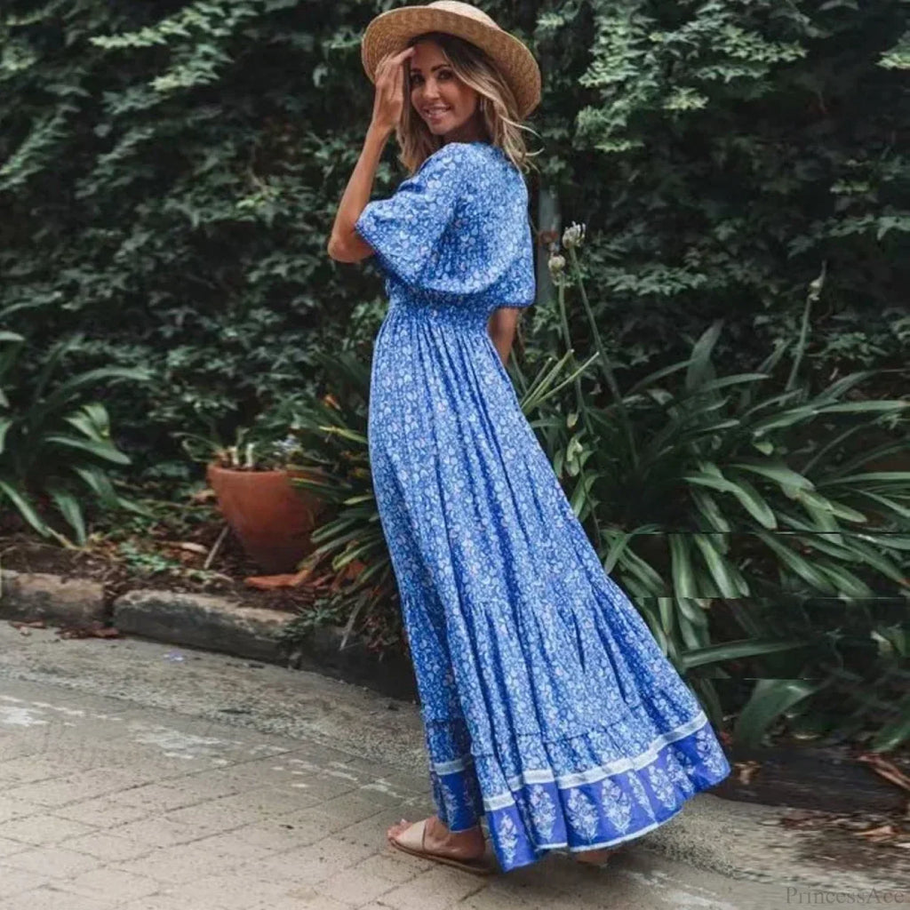 Maxi Dresses For Women Cotton Rayon Blue Floral Print Deep V-Neck Boho Summer Dress