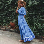Maxi Dresses For Women Cotton Rayon Blue Floral Print Deep V-Neck Boho Summer Dress