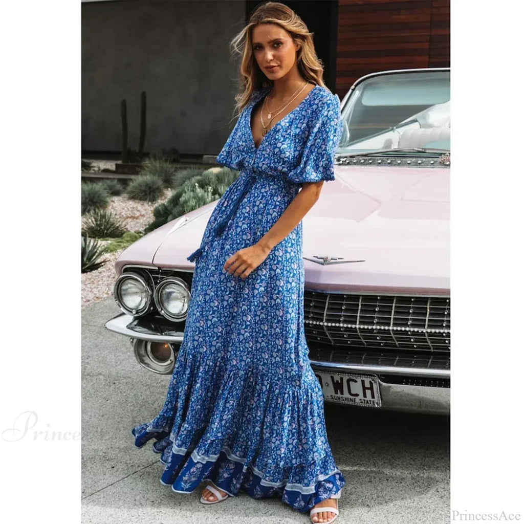 Maxi Dresses For Women Cotton Rayon Blue Floral Print Deep V-Neck Boho Summer Dress