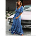 Maxi Dresses For Women Cotton Rayon Blue Floral Print Deep V-Neck Boho Summer Dress
