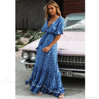 Maxi Dresses For Women Cotton Rayon Blue Floral Print Deep V-Neck Boho Summer Dress
