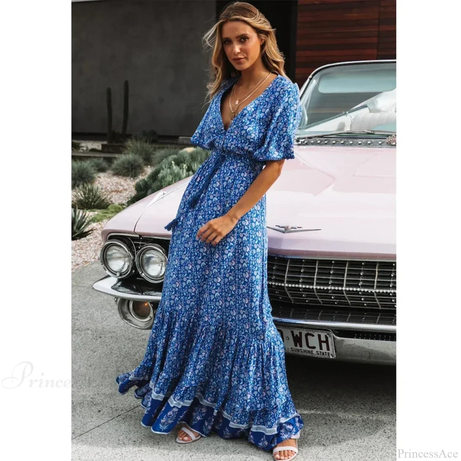Maxi Dresses For Women Cotton Rayon Blue Floral Print Deep V-Neck Boho Summer Dress